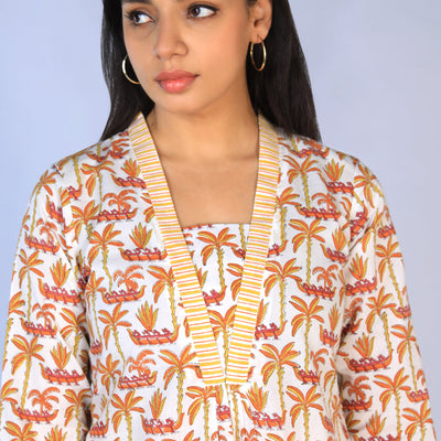 Handblock Printed A-line Kurti with pants set