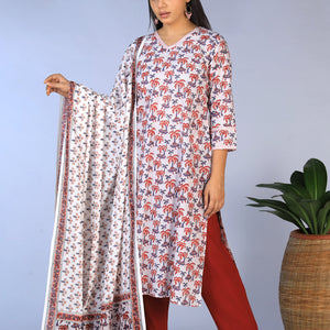 Handblock printed straight fit Kurti and dupatta set
