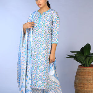 Handblock Printed Kurta, pants & dupatta set