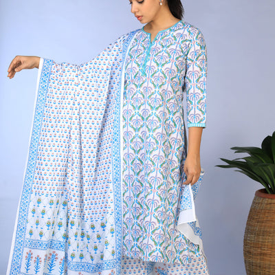Handblock Printed Kurta, pants & dupatta set