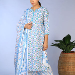 Handblock Printed Kurta, pants & dupatta set