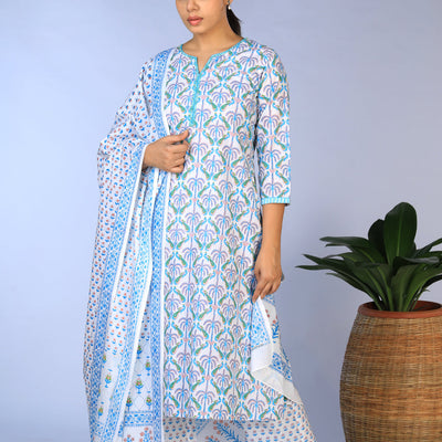 Handblock Printed Kurta, pants & dupatta set