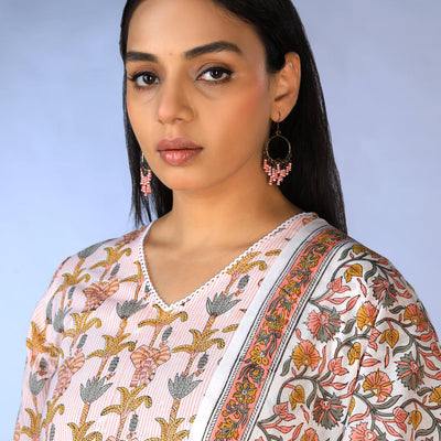 Handblock printed kurti ,pants and dupatta set