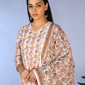 Handblock printed kurti ,pants and dupatta set