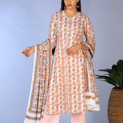 Handblock printed kurti ,pants and dupatta set