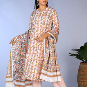 Handblock printed kurti ,pants and dupatta set