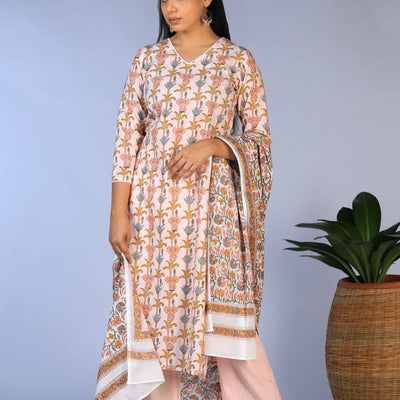 Handblock printed kurti ,pants and dupatta set