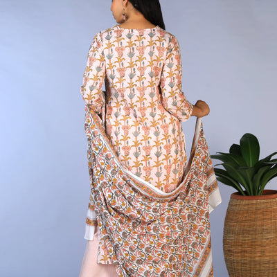 Handblock printed kurti ,pants and dupatta set
