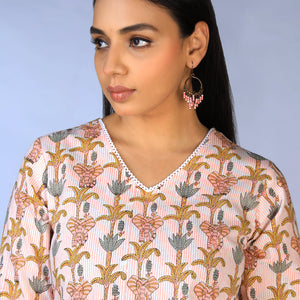 Handblock printed kurti ,pants and dupatta set