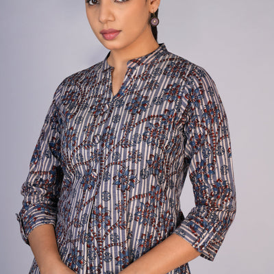 Grey Blue Kalamkari handblock printed dress