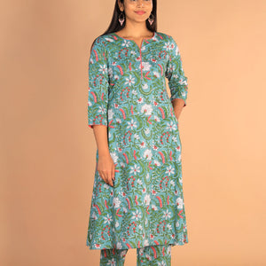 Floral Sanganeri hand block printed cotton dress