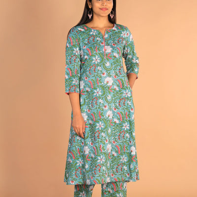 Floral Sanganeri hand block printed cotton dress