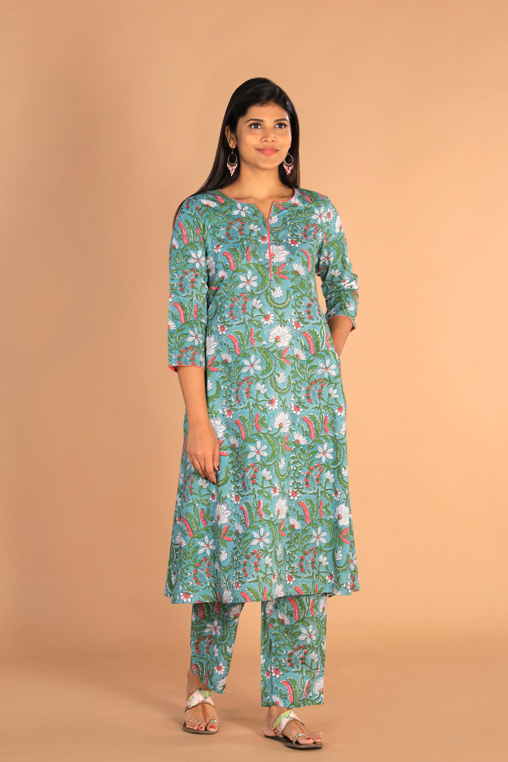 Floral Sanganeri hand block printed cotton dress