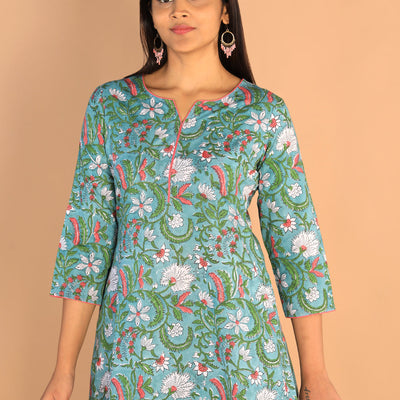Floral Sanganeri hand block printed cotton dress