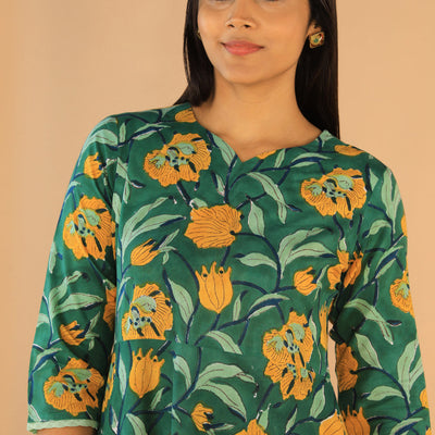 Floral Sanganeri hand block printed cotton dress