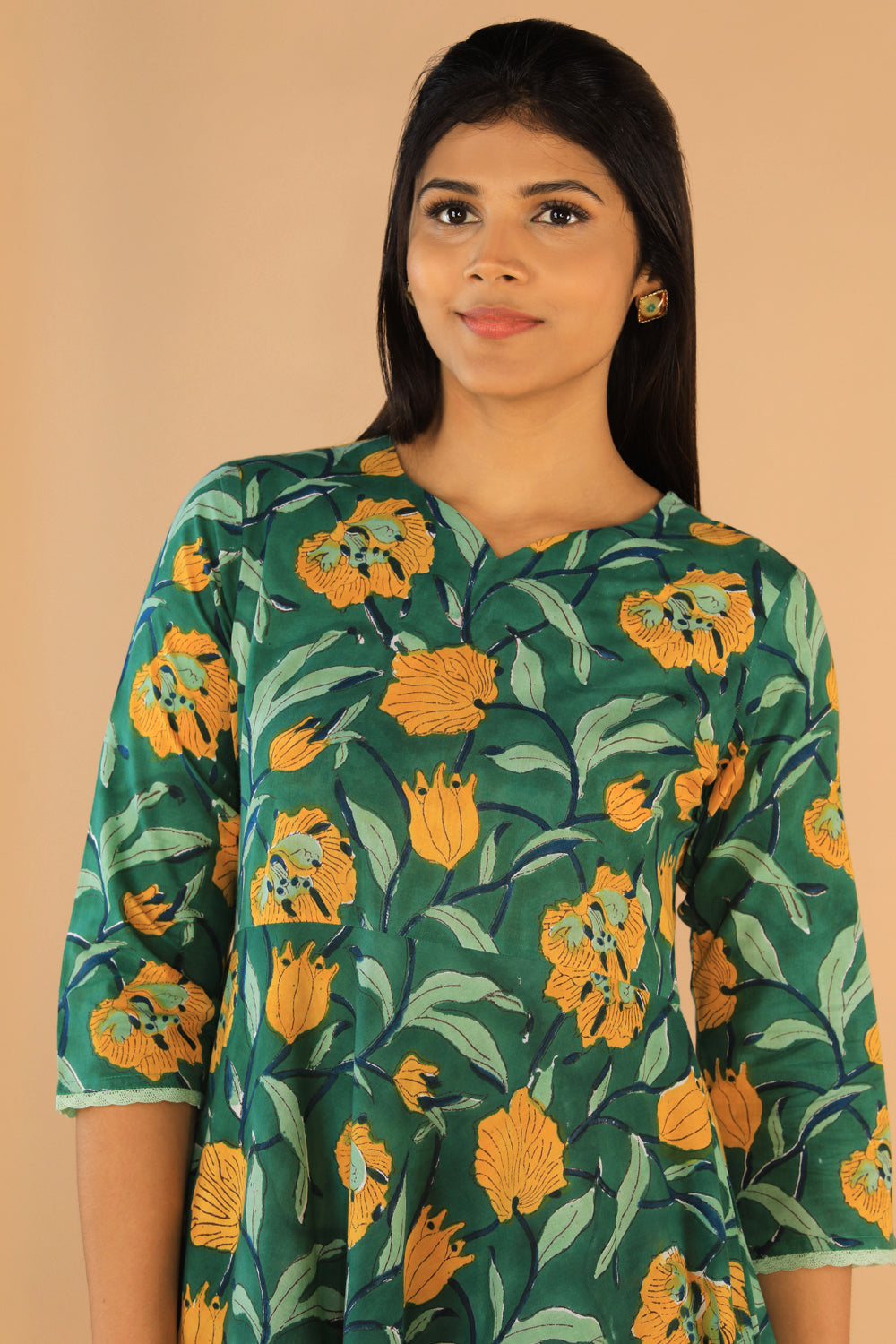 Floral Sanganeri hand block printed cotton dress