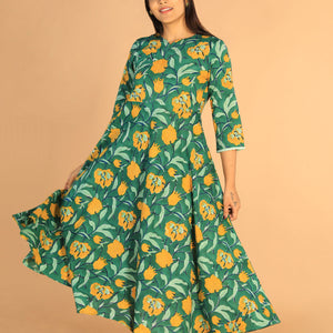 Floral Sanganeri hand block printed cotton dress