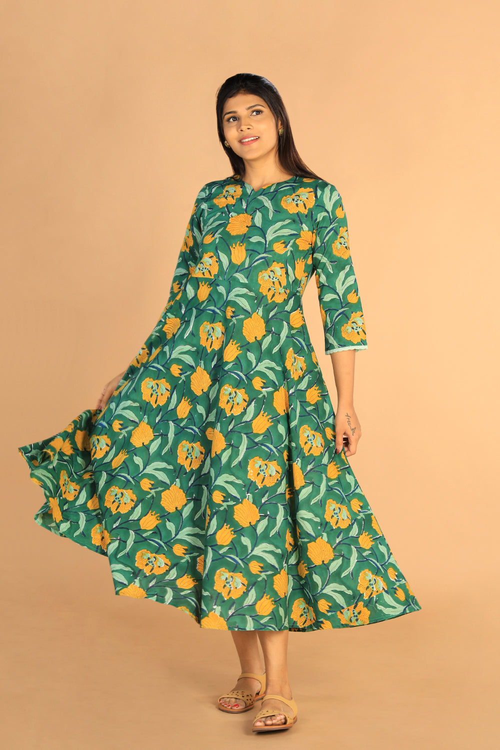 Floral Sanganeri hand block printed cotton dress