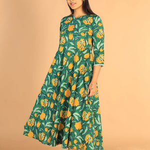 Floral Sanganeri hand block printed cotton dress