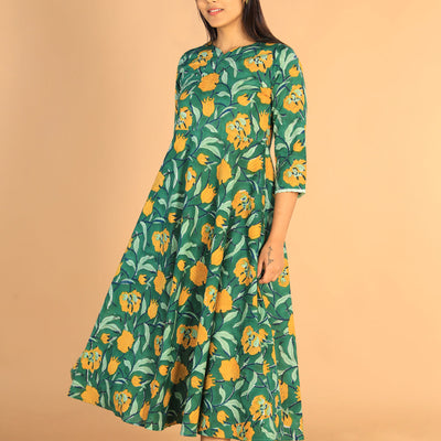 Floral Sanganeri hand block printed cotton dress