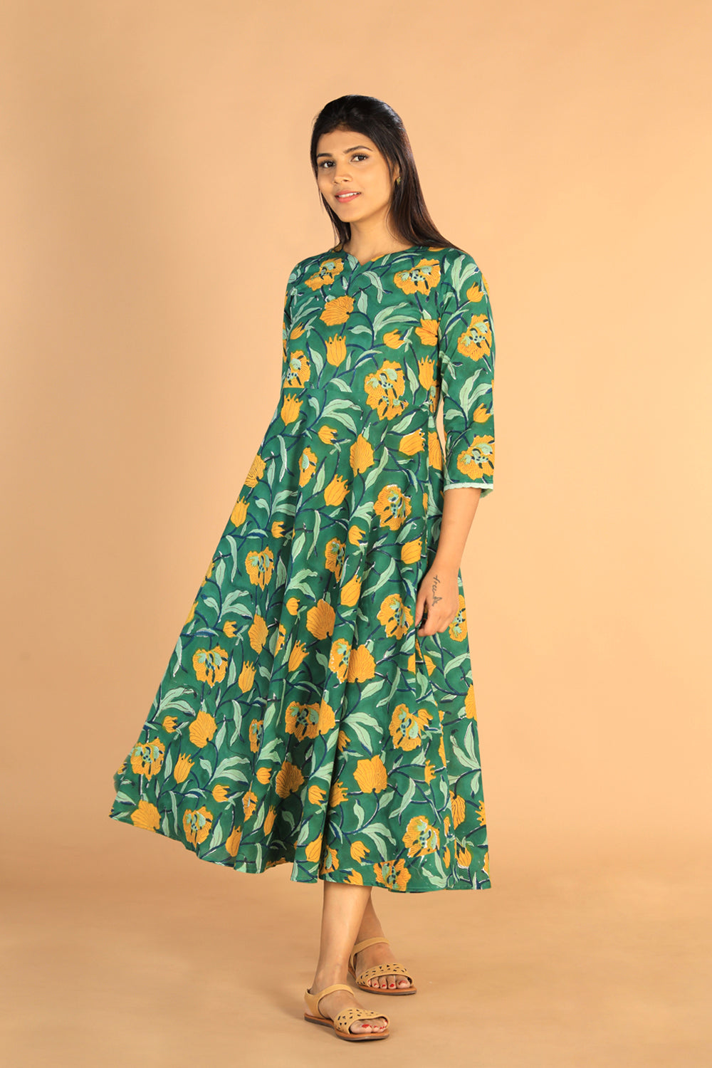 Floral Sanganeri hand block printed cotton dress