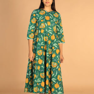 Floral Sanganeri hand block printed cotton dress