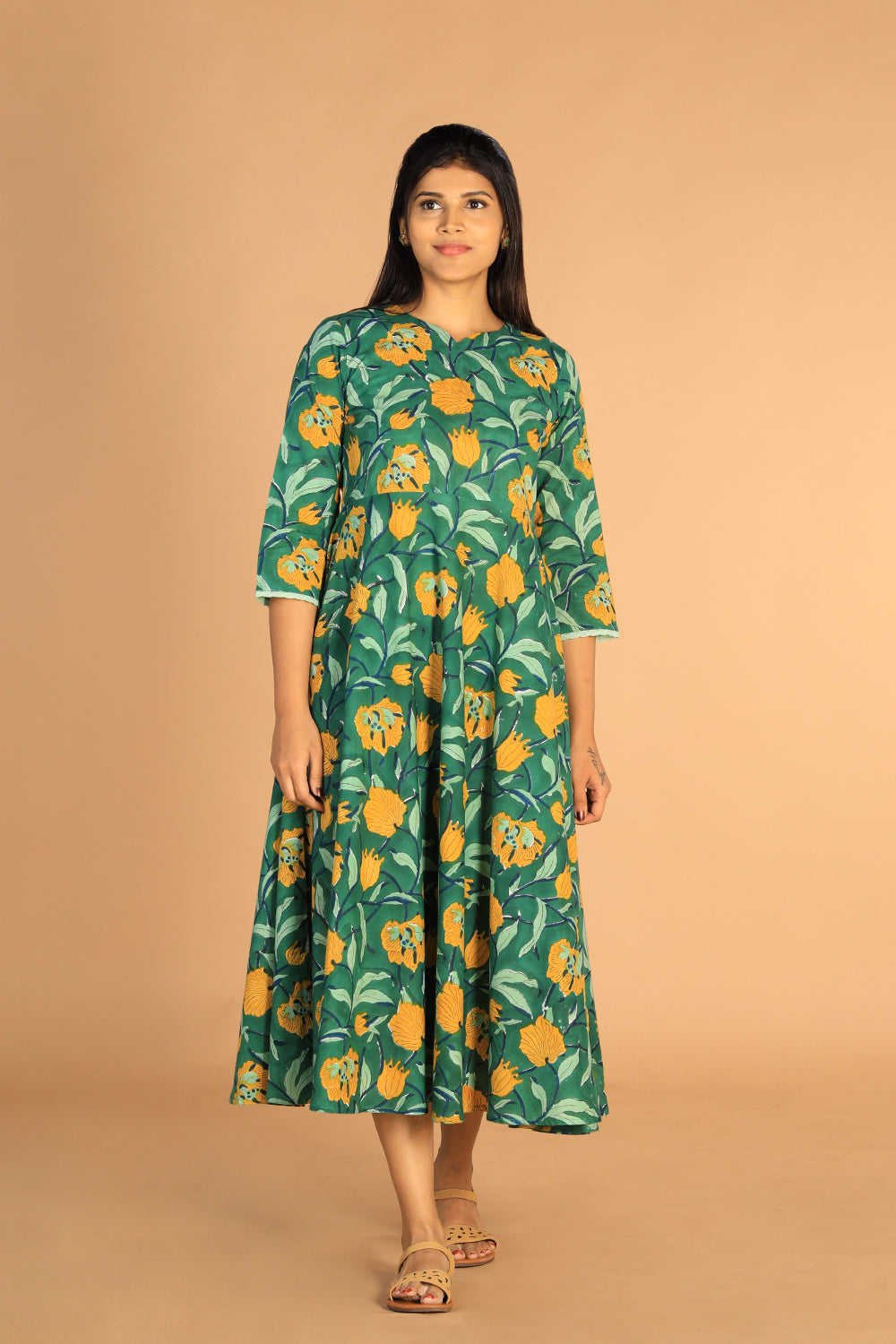 Floral Sanganeri hand block printed cotton dress