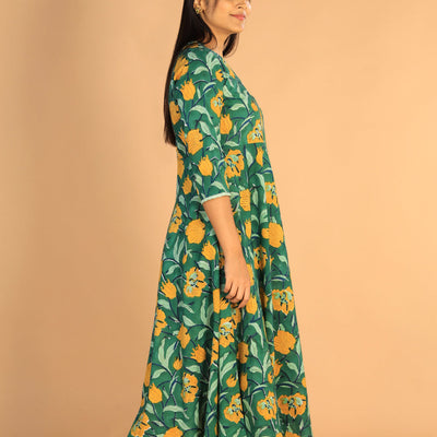 Floral Sanganeri hand block printed cotton dress