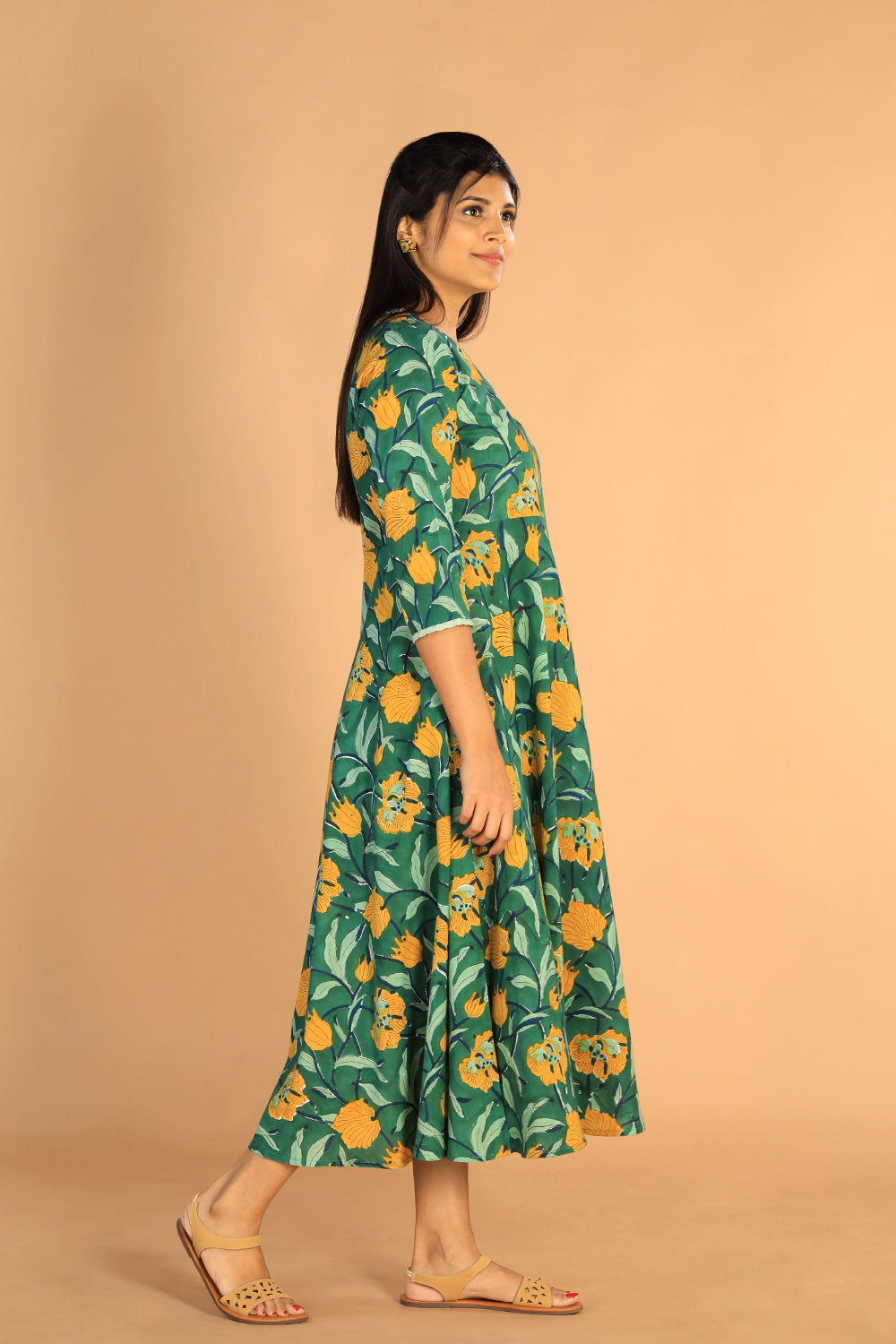 Floral Sanganeri hand block printed cotton dress