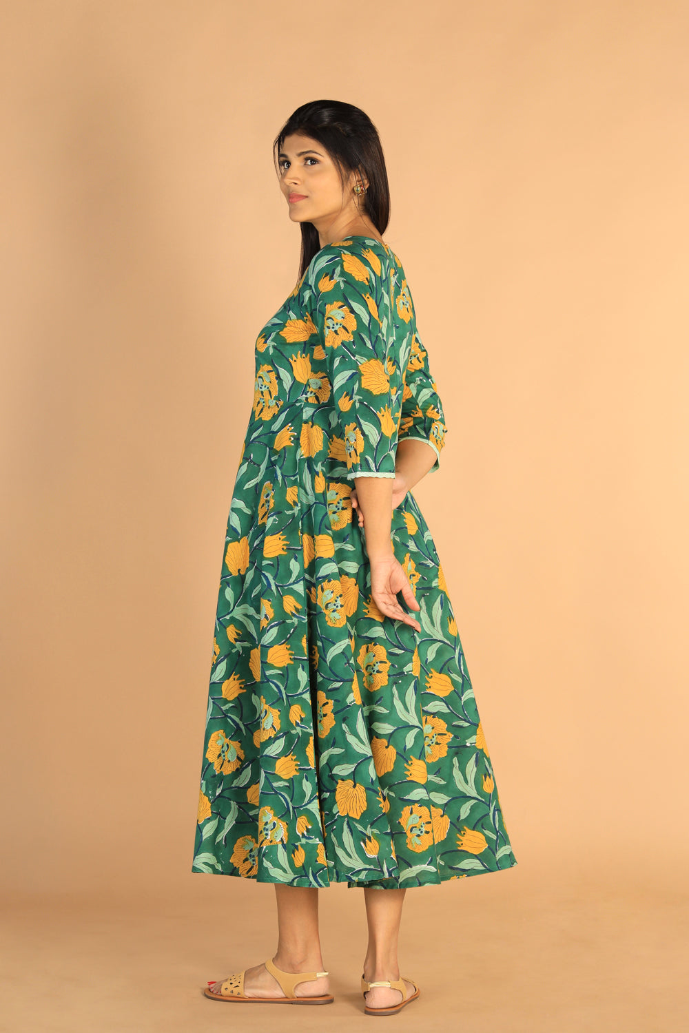 Floral Sanganeri hand block printed cotton dress
