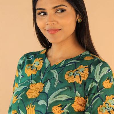 Floral Sanganeri hand block printed cotton dress