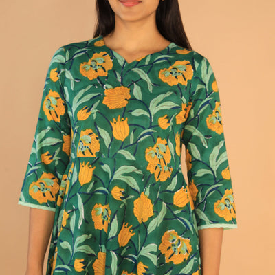 Floral Sanganeri hand block printed cotton dress