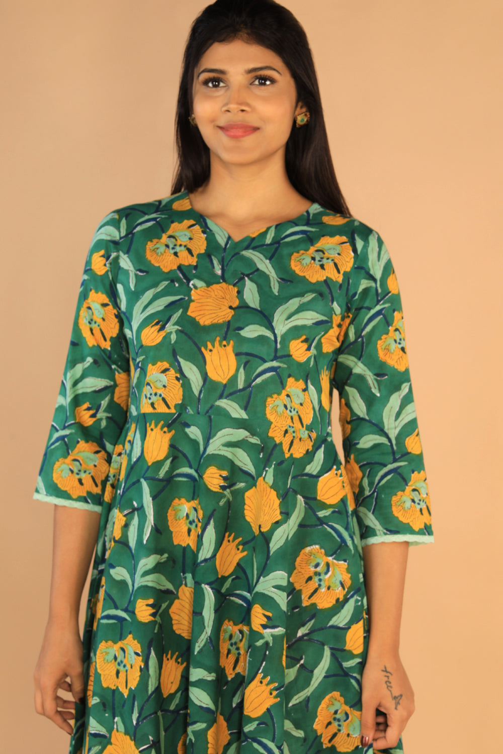 Floral Sanganeri hand block printed cotton dress