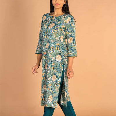 Floral Sanganeri hand block printed cotton dress