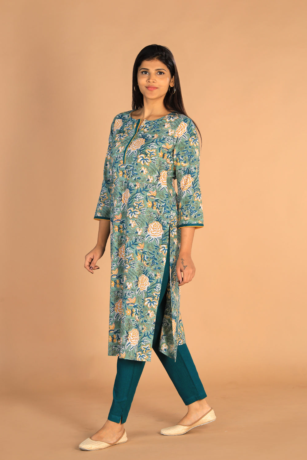 Floral Sanganeri hand block printed cotton dress