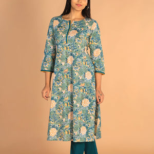 Floral Sanganeri hand block printed cotton dress
