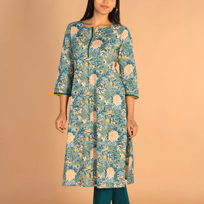 Floral Sanganeri hand block printed cotton dress