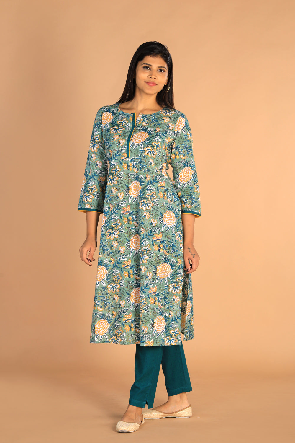 Floral Sanganeri hand block printed cotton dress