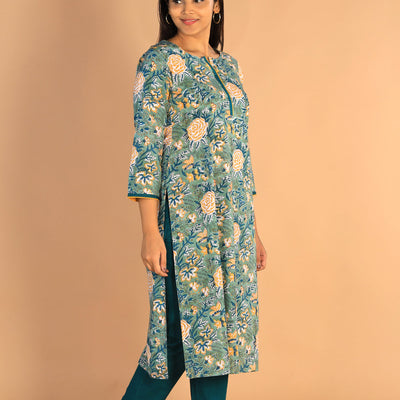 Floral Sanganeri hand block printed cotton dress