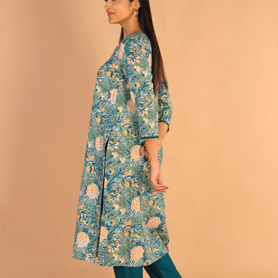 Floral Sanganeri hand block printed cotton dress