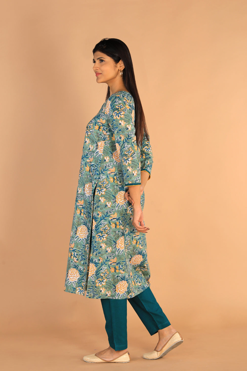 Floral Sanganeri hand block printed cotton dress