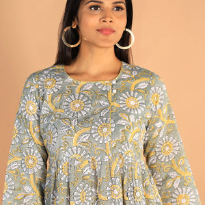 Floral Sanganeri hand block printed cotton dress
