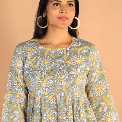 Floral Sanganeri hand block printed cotton dress