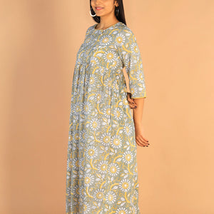 Floral Sanganeri hand block printed cotton dress