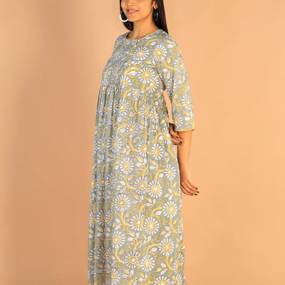 Floral Sanganeri hand block printed cotton dress