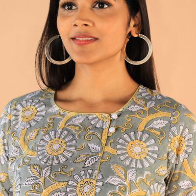 Floral Sanganeri hand block printed cotton dress