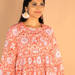 Floral Sanganeri hand block printed cotton dress