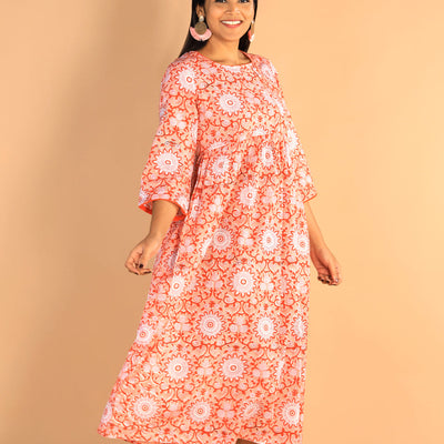 Floral Sanganeri hand block printed cotton dress