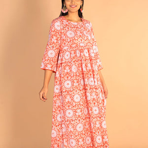 Floral Sanganeri hand block printed cotton dress