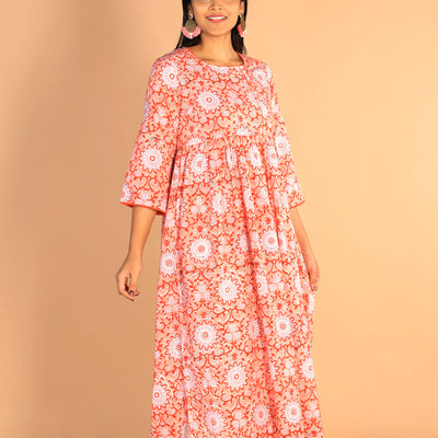 Floral Sanganeri hand block printed cotton dress